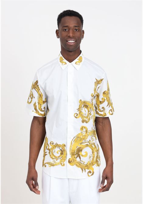 White men's shirt with gold baroque watercolor print VERSACE JEANS COUTURE | 76GAL222NS452G03